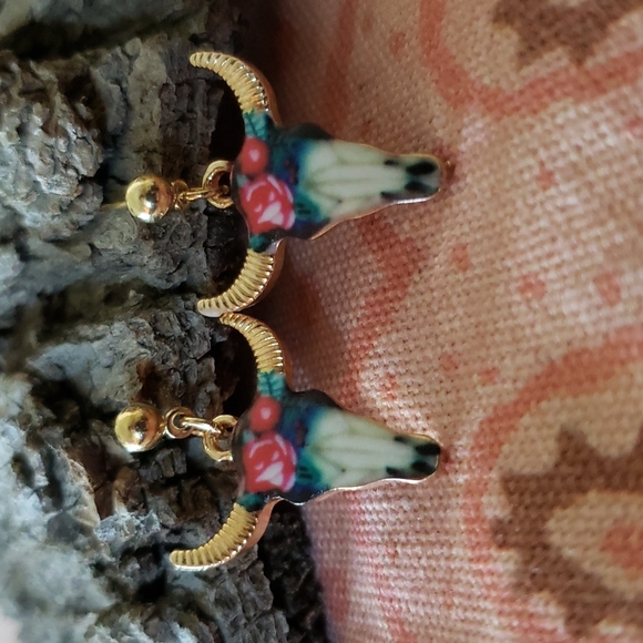 Floral Longhorn Earrings. Bull Head Steer Head Cow Head Western Rodeo Cowgirl - Picture 3 of 7
